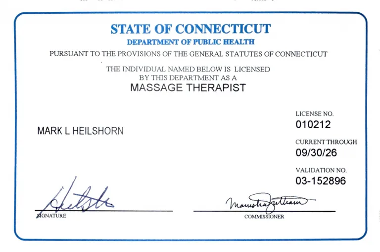 Mark Heilshorn Certification, Massage Therapist Westport CT