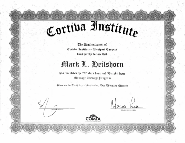 Mark Heilshorn Certification, Massage Therapist Westport CT