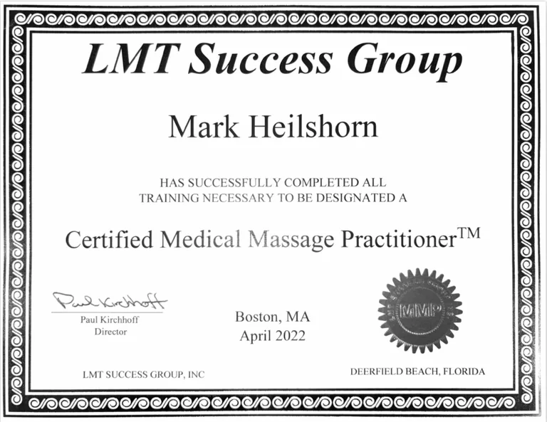 Mark Heilshorn Certification, Massage Therapist Westport CT